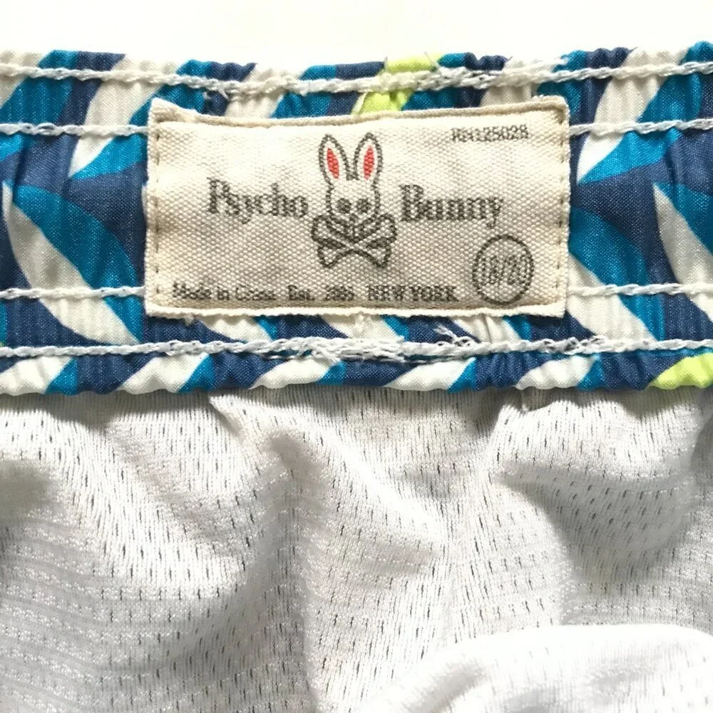 Psycho Bunny Print Shorts Swim Trunks Boys 18 20 Mens S Blue White 7.5